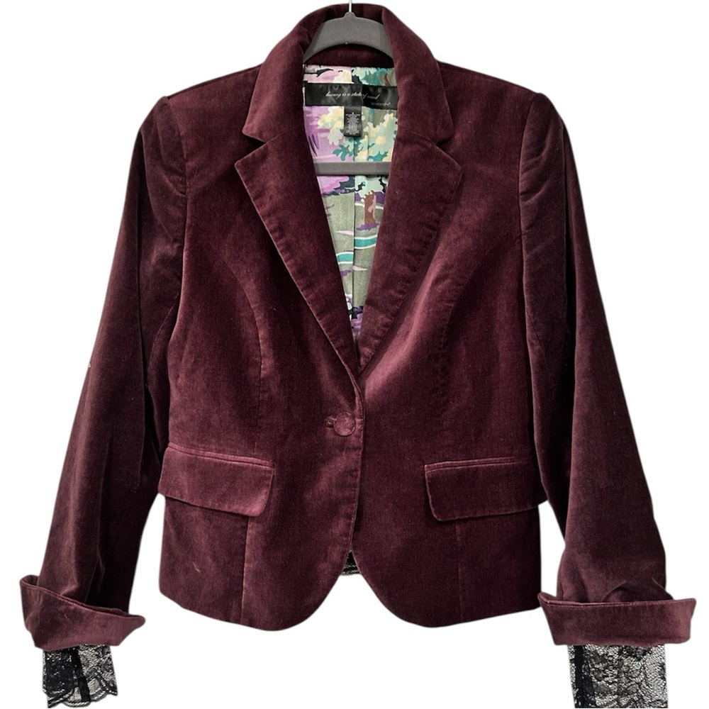 Apostrophe Womens 4 Jacket Blazer Velvet  Whimsical Plum Satin Lining Lace Cuff